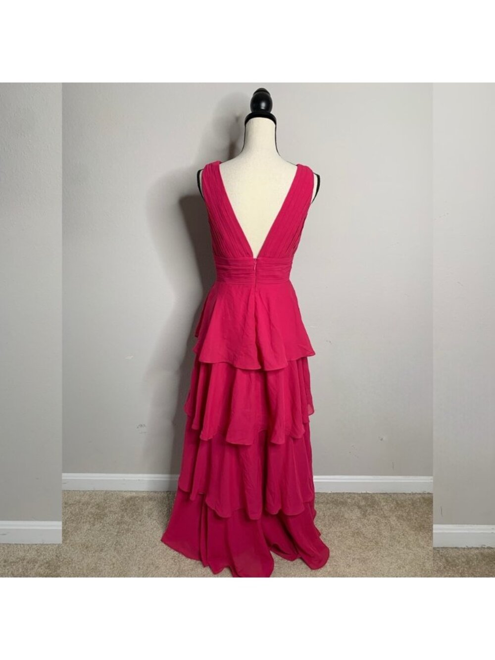 Fuchsia Pink Plunging V-Neck Tiered Chiffon Maxi Gown Sleeveless Formal Dress - Picture 10 of 14